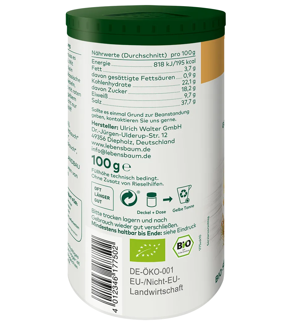 Bio-Speisesalz 100g in weißer Dose mit grünem Deckel, Nährwertangaben und DE-ÖKO-001 Zertifikat sichtbar.