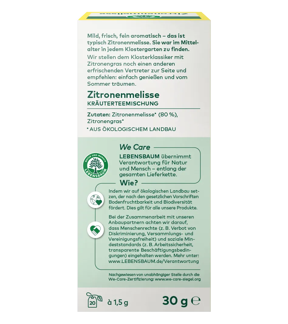 Zitronenmelisse Kräuterteemischung, 30g Packung mit gelbem Deckel, Bio-Qualität aus ökologischem Anbau von Lebensbaum.
