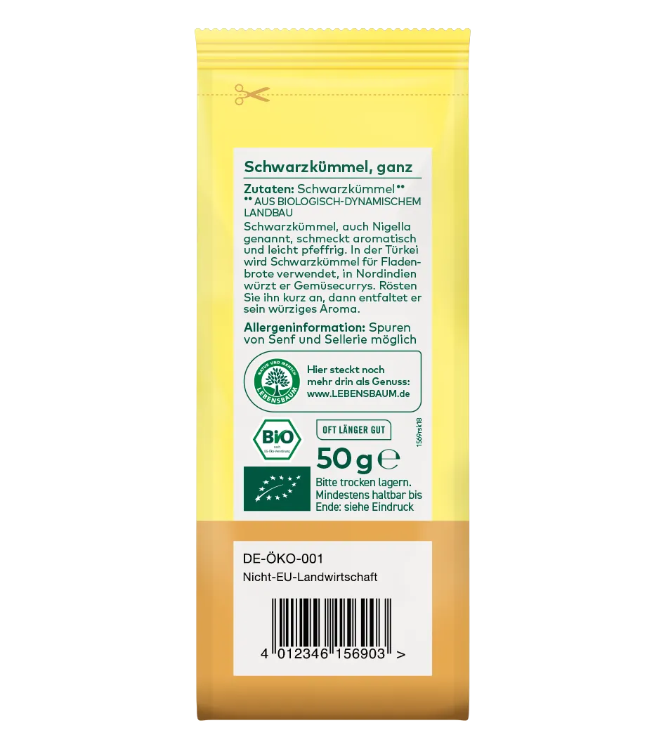 Bio Schwarzkümmel ganz, 50g, gelbe Verpackung mit weißem Etikett, Bio-Siegel und EU-Öko-Zertifikat