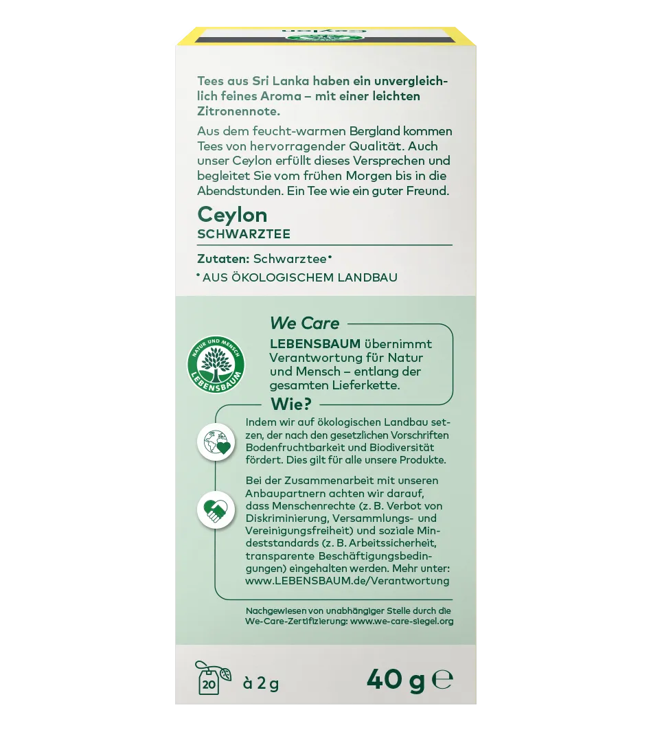 Ceylon Schwarztee aus Sri Lanka, 40g, Bio-Qualität, gelb-weiße Verpackung mit Produktinformationen und Lebensbaum We-Care-Zertifizierung.