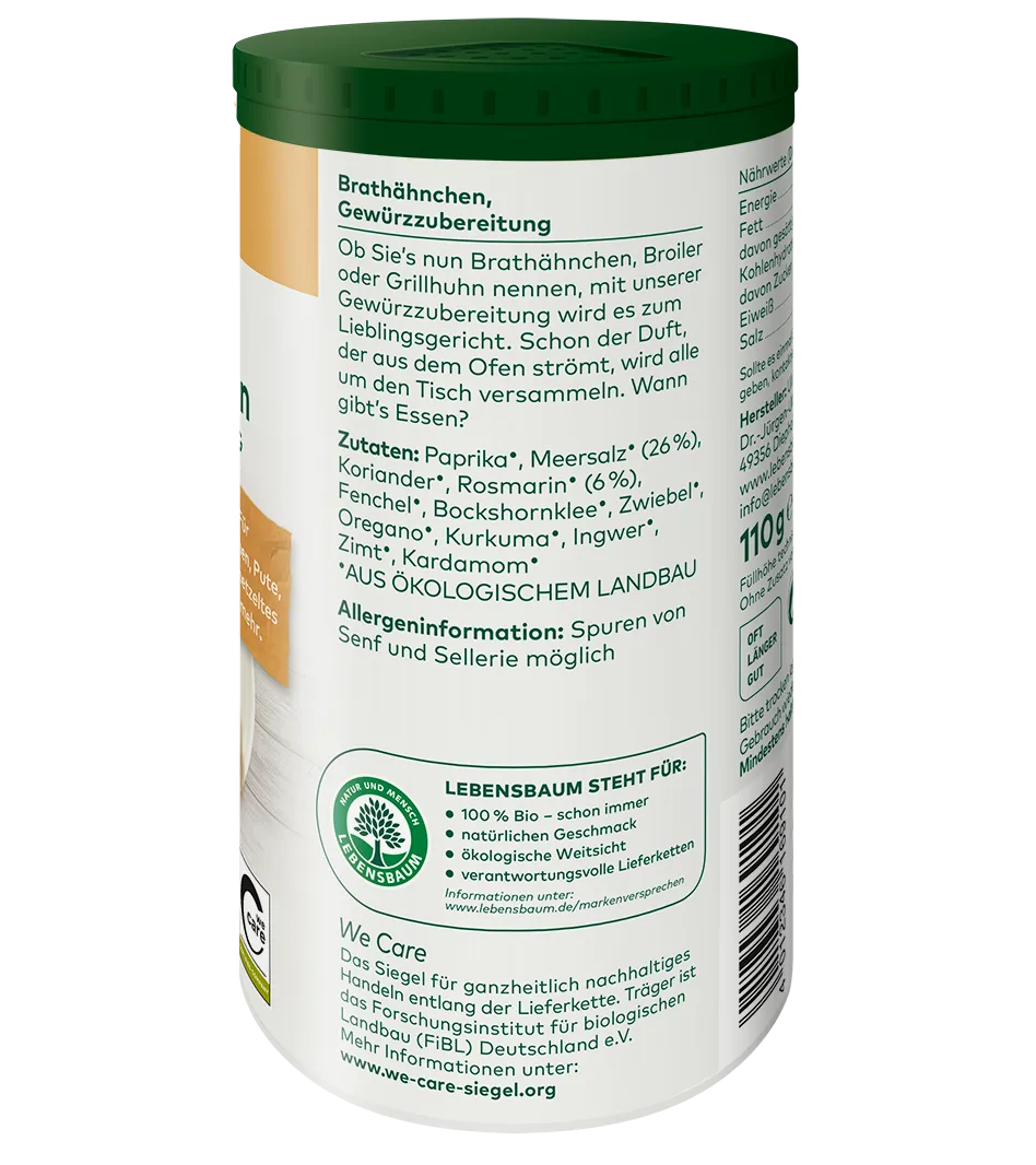 Gewürzmischung Brathähnchen in weißem Behälter mit grünem Deckel, 110g, Bio-Qualität, Inhaltsstoffe sichtbar.