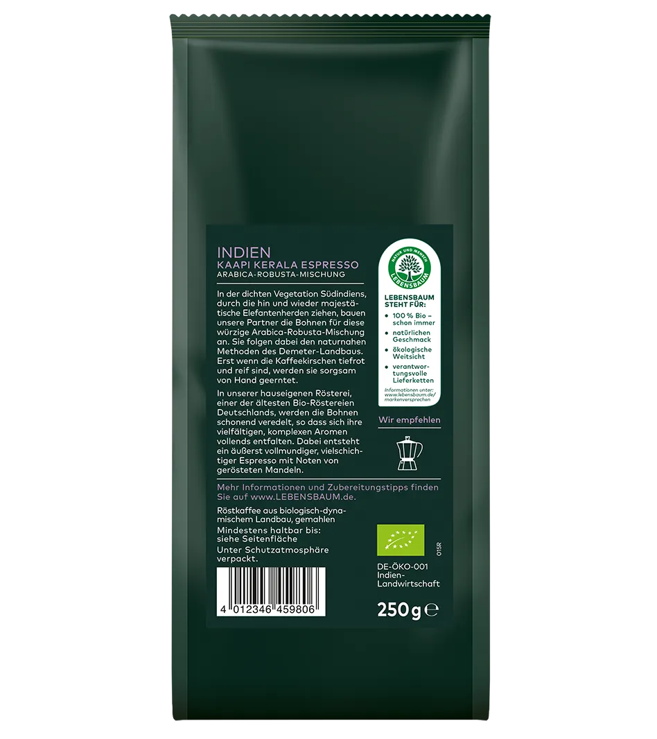 Lebensbaum Indien Kaapi Kerala Espresso, 250g Packung, Bio-Arabica-Robusta-Mischung, dunkelgrüne Verpackung mit Produktinformationen