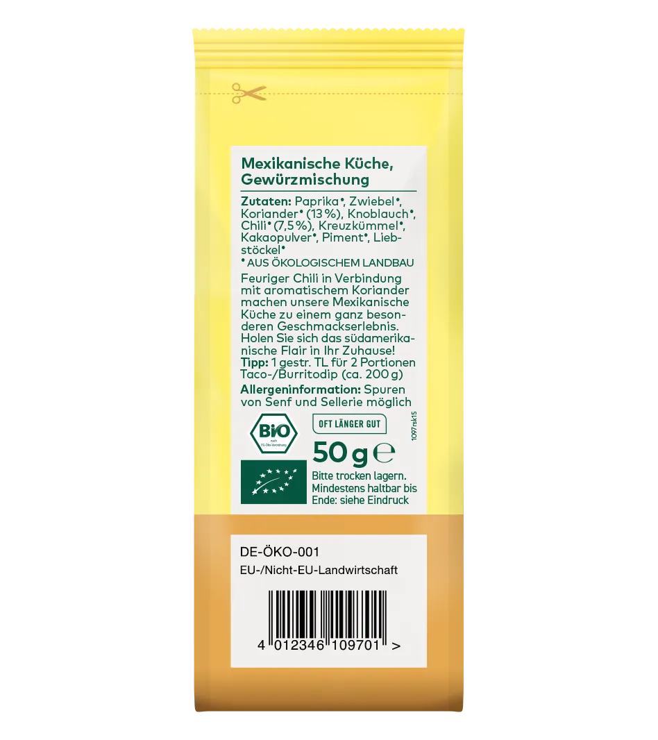 Gelbe Bio-Gewürzmischung Mexikanische Küche 50g mit Paprika, Zwiebel, Koriander und Chili, Öko-Zertifikat, Schneidelinie oben.