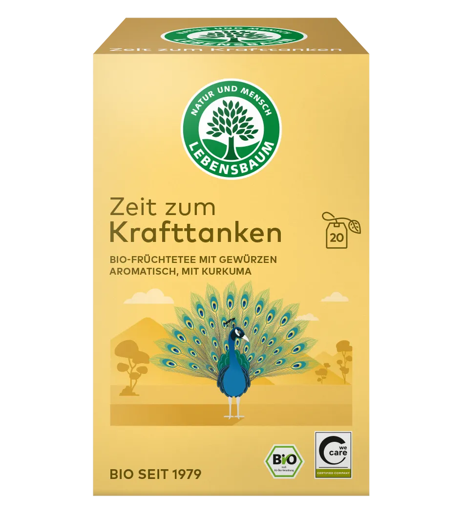 Lebensbaum "Zeit zum Krafttanken" Bio-Früchtetee mit Gewürzen und Kurkuma, 20 Teebeutel, gelbe Verpackung mit Pfau-Illustration.