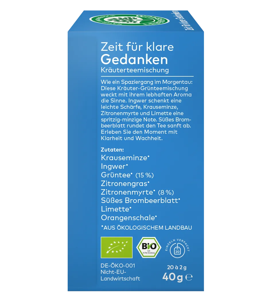 linke Seite Verpackung einer Kräuterteemischung ,,Zeit für klare Gedanken" mit Zutatenangaben und Bio-Siegeln 