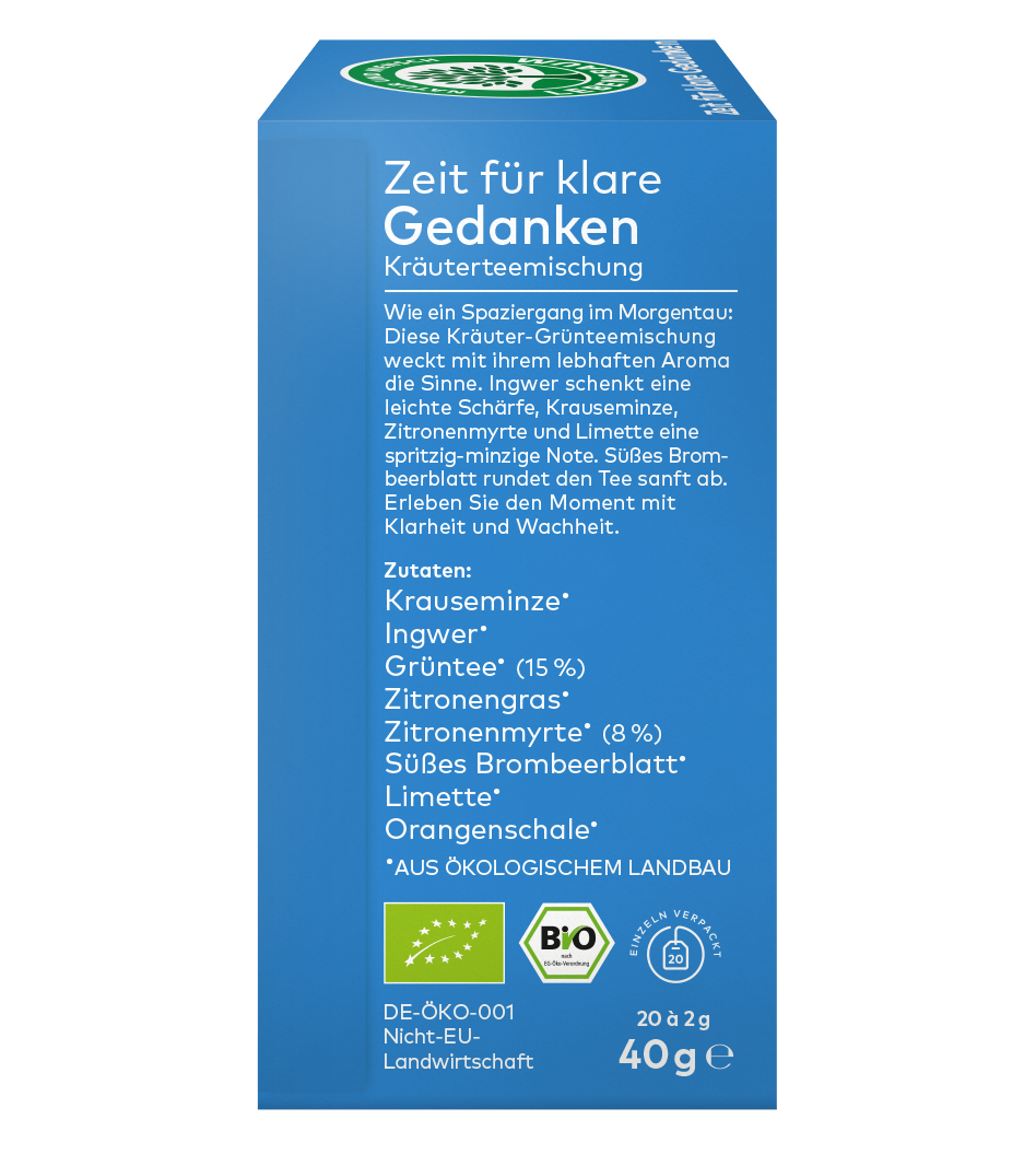 linke Seite Verpackung einer Kräuterteemischung ,,Zeit für klare Gedanken" mit Zutatenangaben und Bio-Siegeln 