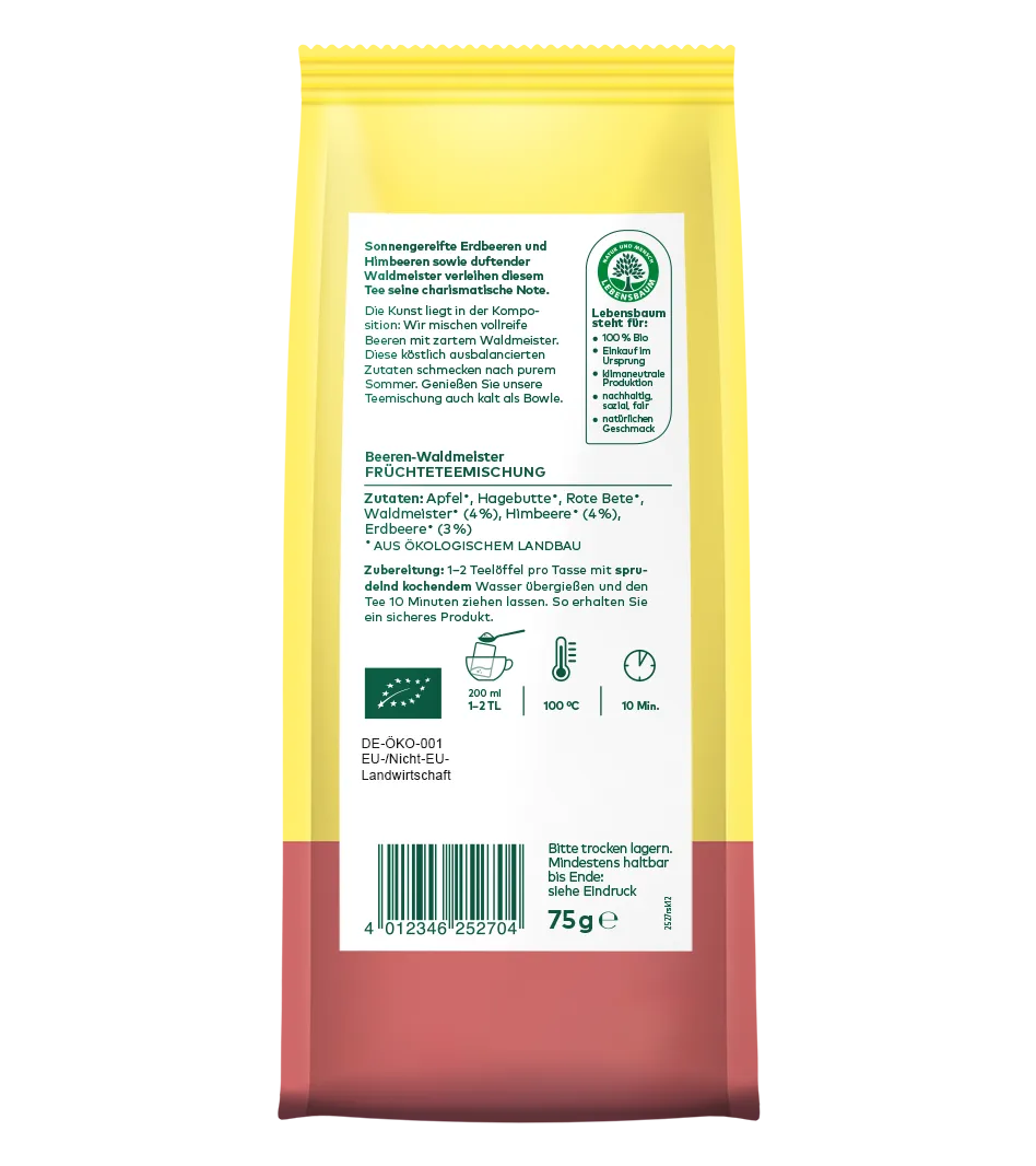 Gelbe Teepackung Beeren-Waldmeister Früchteemischung, 75g, Bio-zertifiziert, mit Apfel, Hagebutte und Himbeere, Aufbrühhinweise und Lebensbaumlogo sichtbar.