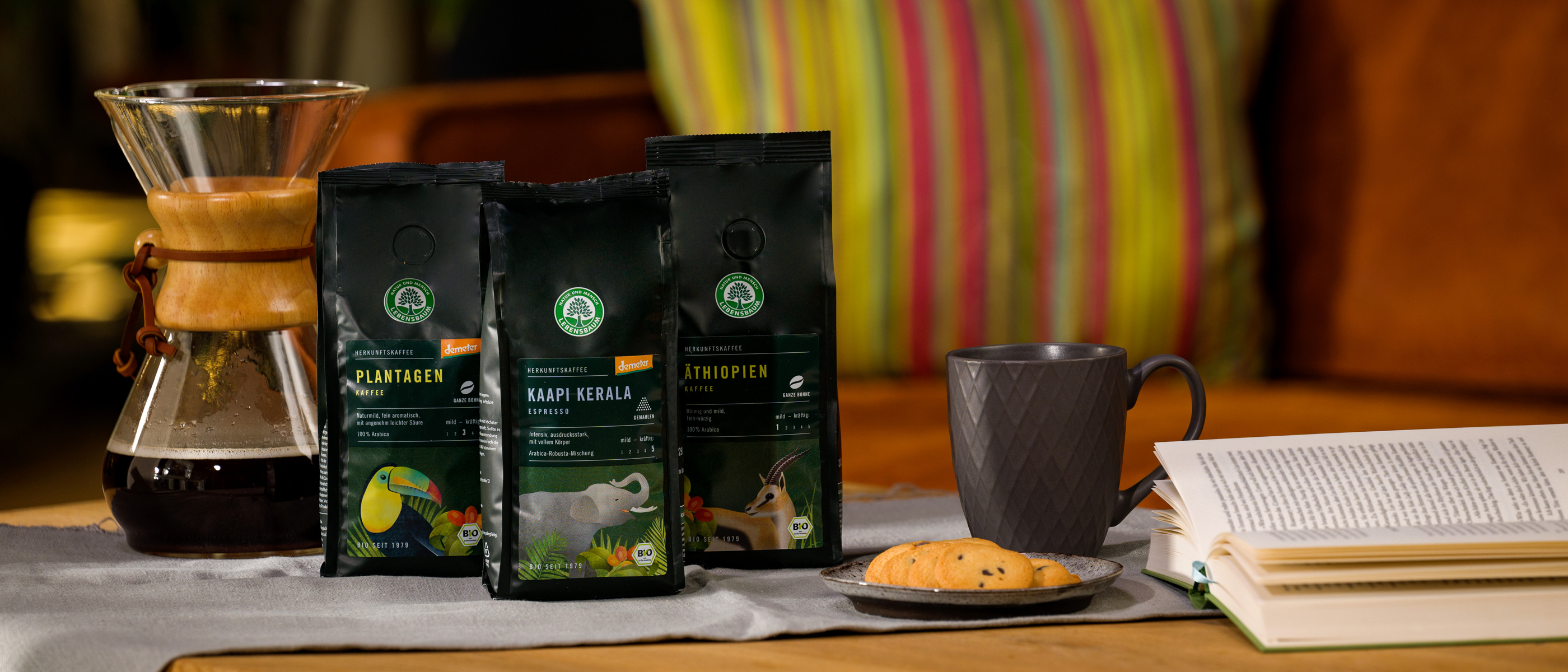 Drei Packungen Lebensbaum-Kaffee stehen auf einem Tisch mit grauer Tasse, Keks und aufgeschlagenem Buch – daneben eine Chemex-Karaffe mit frisch gebrühtem Kaffee