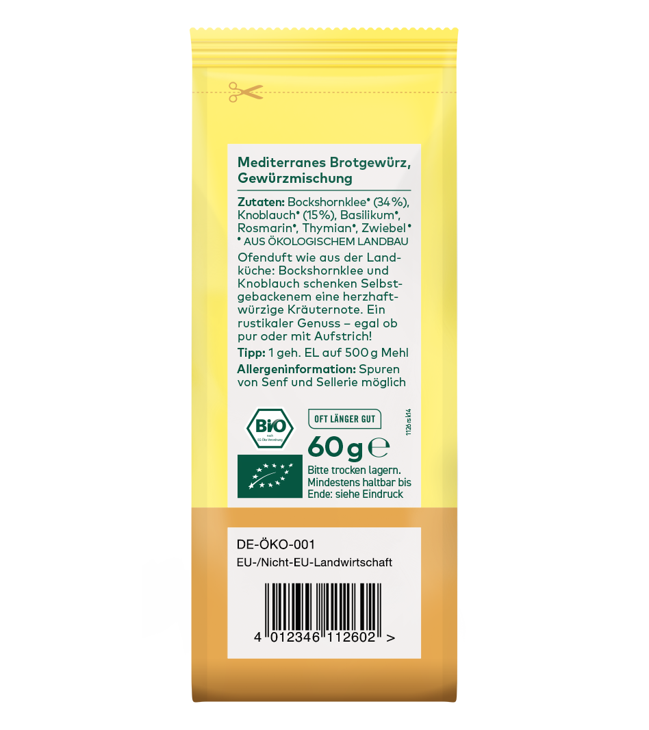 Bio Mediterranes Brotgewürz, Gewürzmischung, 60 g, aus ökologischem Anbau, mit Öko-Siegel und Allergeninformation.