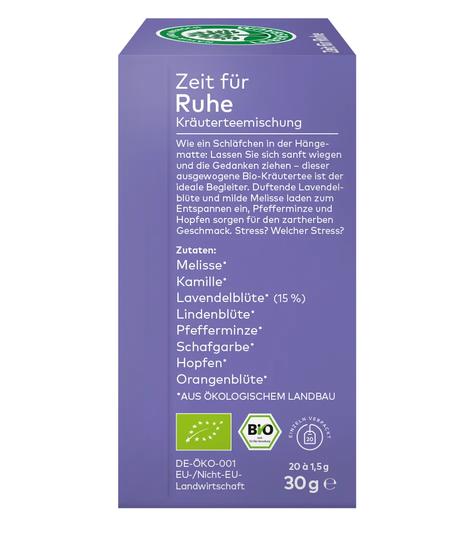Verpackung des Bio-Kräutertees ,,Zeit für Ruhe" in lila Design mit Zutatenliste und Bio-Siegel.