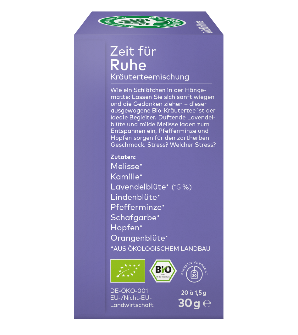 Verpackung des Bio-Kräutertees ,,Zeit für Ruhe" in lila Design mit Zutatenliste und Bio-Siegel.