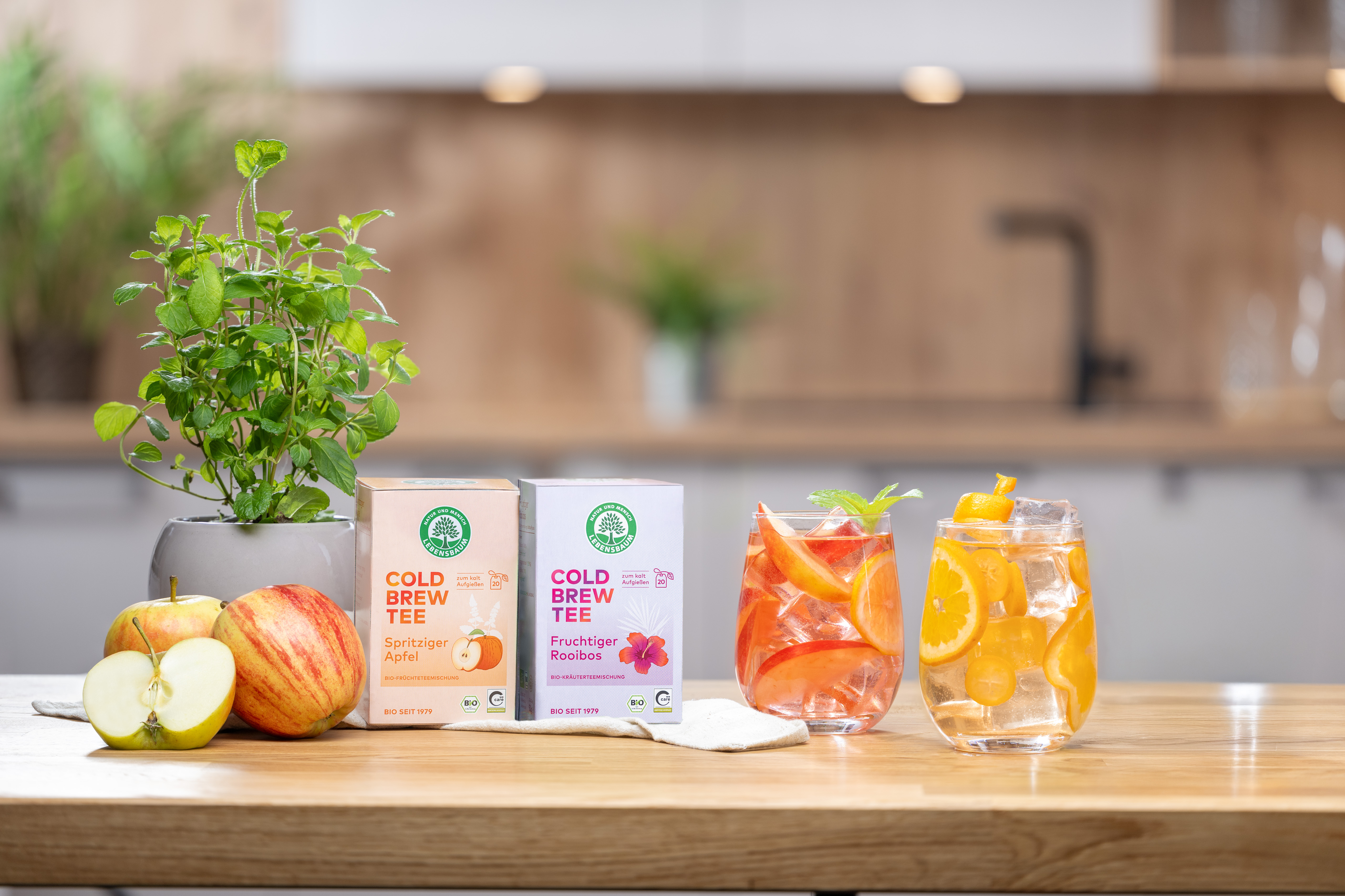Zwei Bio-Cold-Brew-Tees auf einem Tisch neben zwei lecker aussehenden Gläsern mit Cold-Brew und Eis, im Hintergrund eine Küche