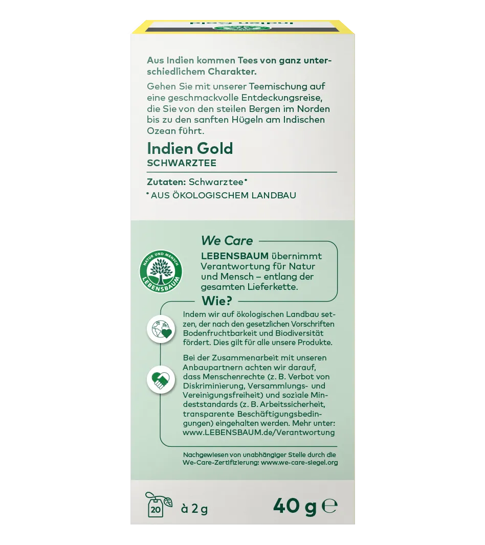 Indien Gold Schwarztee Bio 40g Packung mit gelbem Deckel, Lebensbaum We Care Zertifikat und Informationen zu ökologischem Anbau.