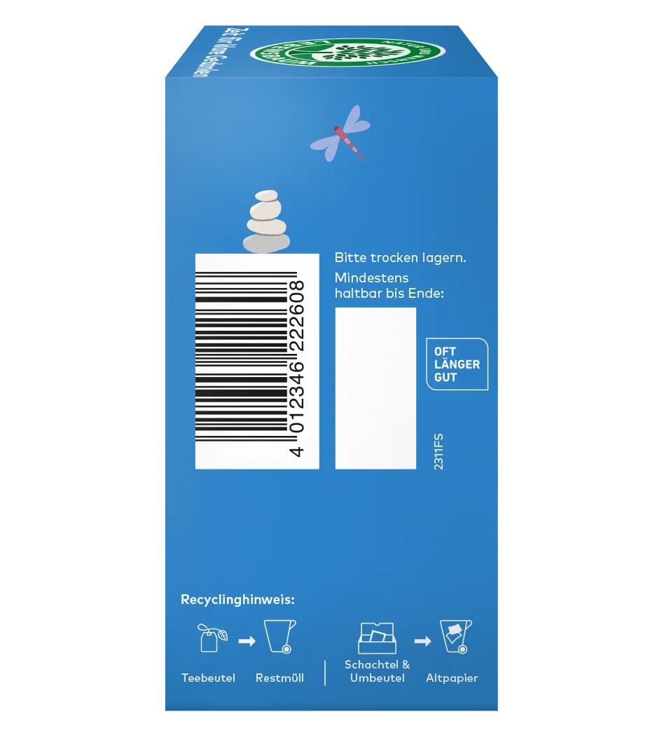 Rechtseite einer Teeverpackung mit Barcode, Lagerhinweisen und Recyclinghinweisen