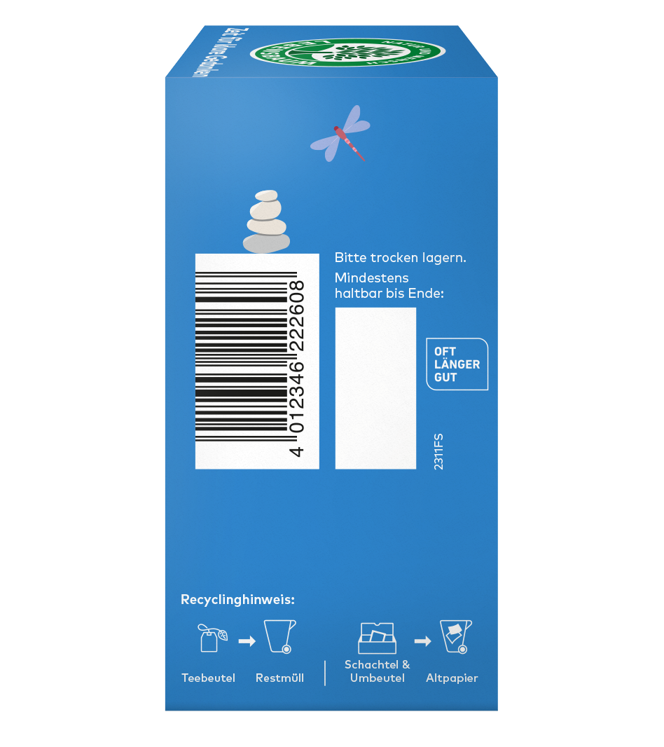 Rechtseite einer Teeverpackung mit Barcode, Lagerhinweisen und Recyclinghinweisen