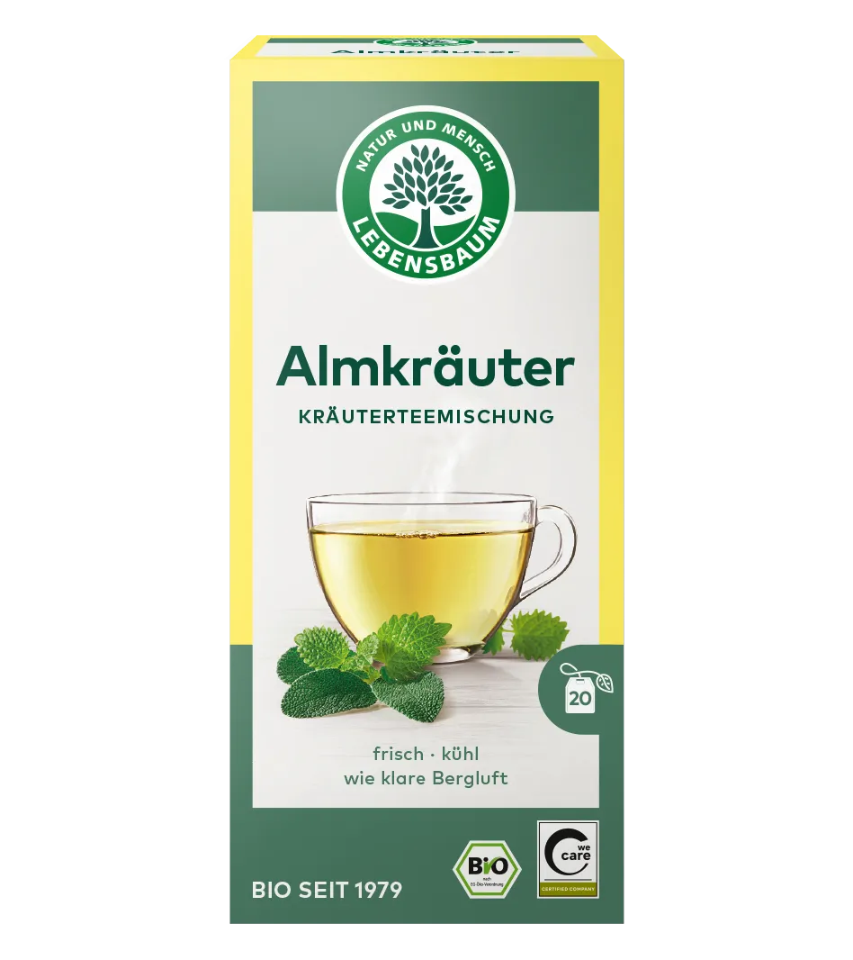 Lebensbaum Almkräuter Kräuterteemischung, Bio, 20 Beutel in gelber Verpackung mit Tasse grünem Tee und Minzblättern