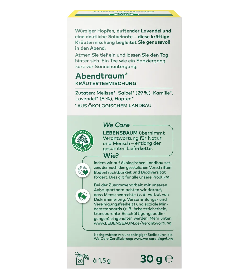 Abendtraum Kräuterteemischung, 30g, Bio-Mischung mit Melisse, Salbei, Kamille, Lavendel und Hopfen in weißer Verpackung mit gelbem Rand.