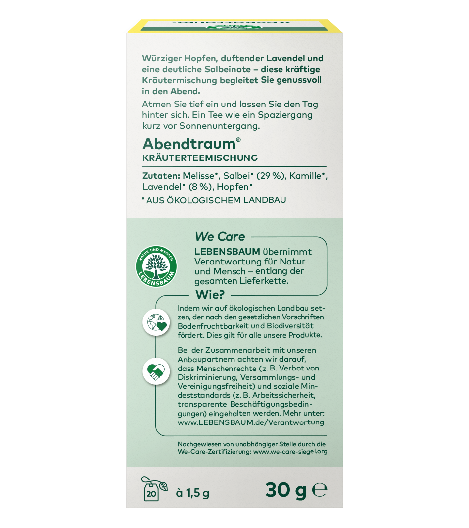 Abendtraum Kräuterteemischung, 30g, Bio-Mischung mit Melisse, Salbei, Kamille, Lavendel und Hopfen in weißer Verpackung mit gelbem Rand.
