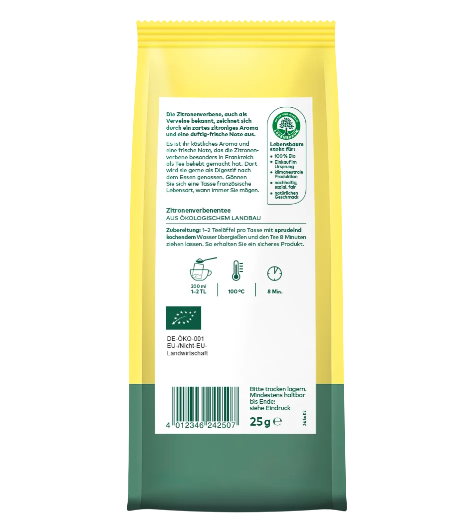 Zitronenverbene-Tee Bio in gelb-grüner Verpackung, 25g, aus ökologischem Landbau, Zubereitung 8 Min. bei 100°C.