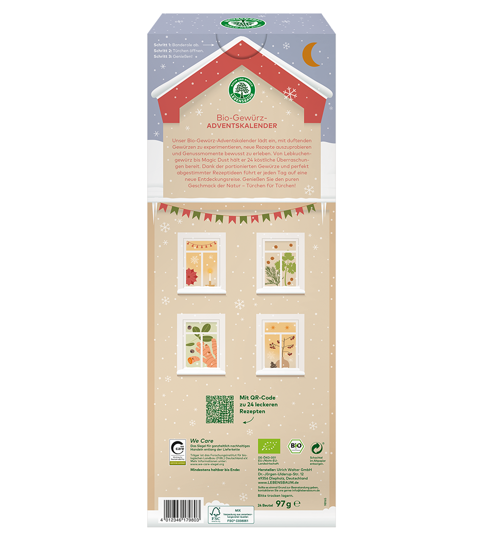 Rückseite LEBENSBAUM des Bio-Gewürz-Adventskalender mit Informationen zu den erhaltenen Gewürzen und einem QR-Code zu Rezepten