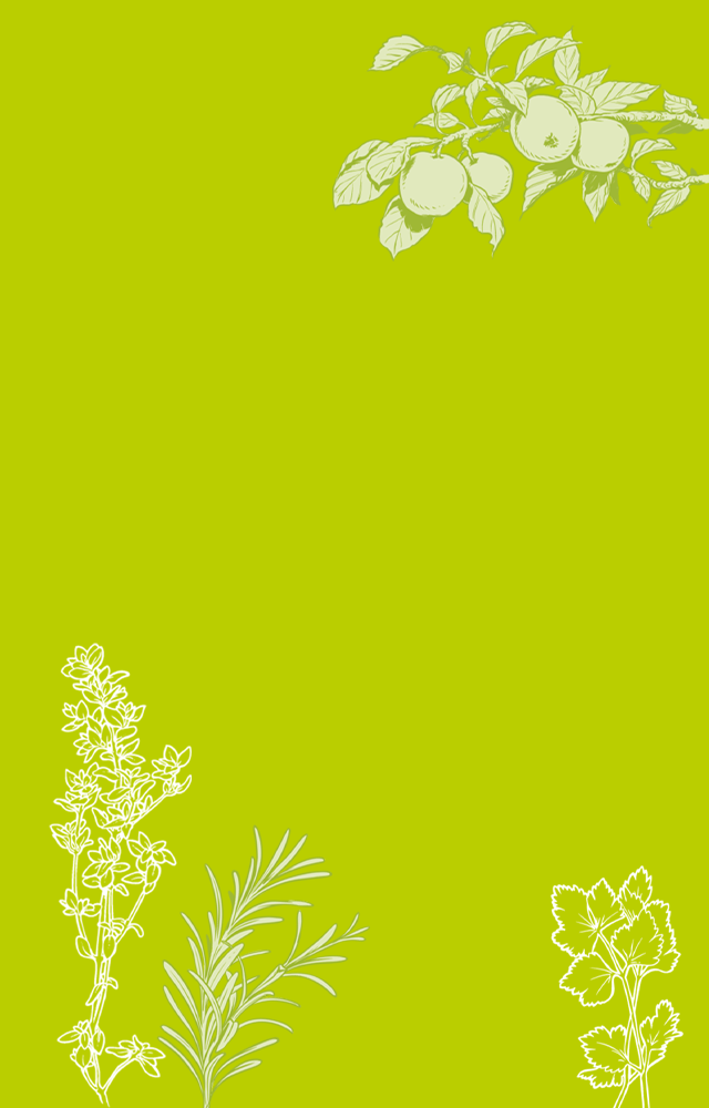 Grüner Hintergrund mit Illustrationen von Apfelzweig oben, Lavendel und Rosmarin links sowie Petersilie rechts
