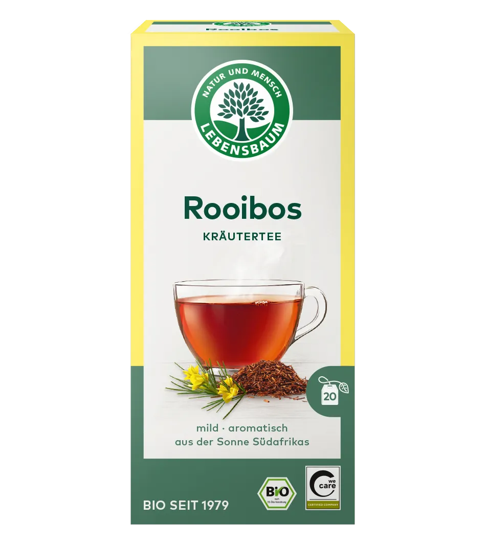 Lebensbaum Rooibos Kräutertee Bio, 20 Beutel, mild und aromatisch aus Südafrika in gelb-grüner Packung.