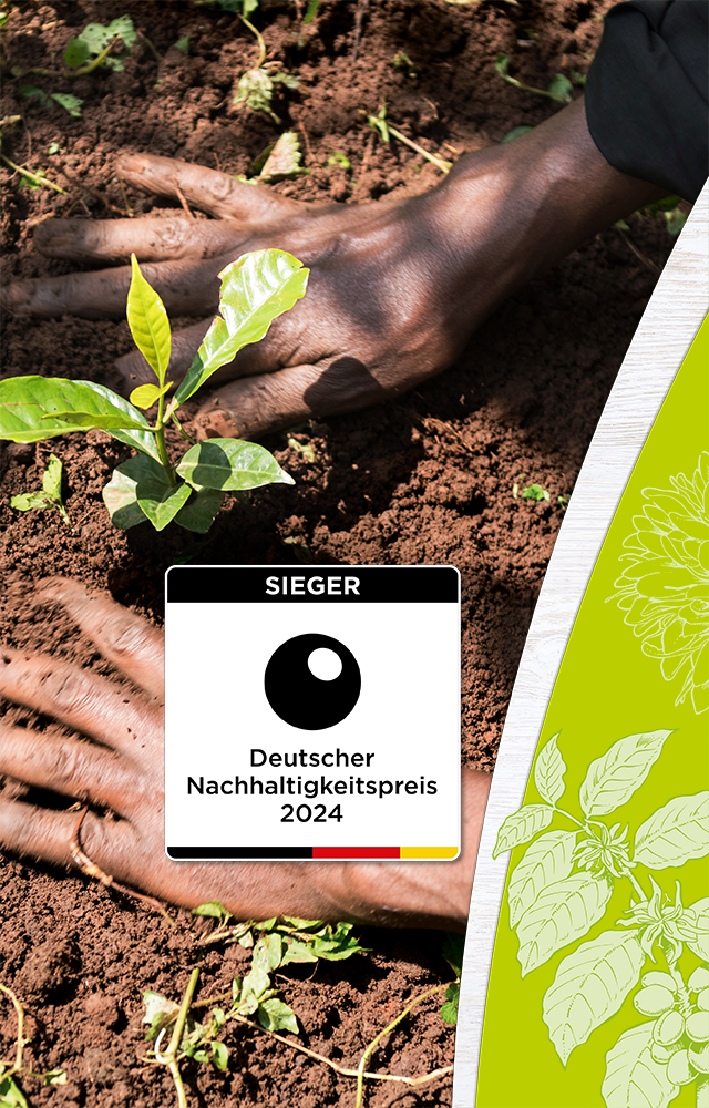 Hände pflanzen einen kleinen Setzling in die Erde, darunter Logo des Deutschen Nachhaltigkeitspreises 2024