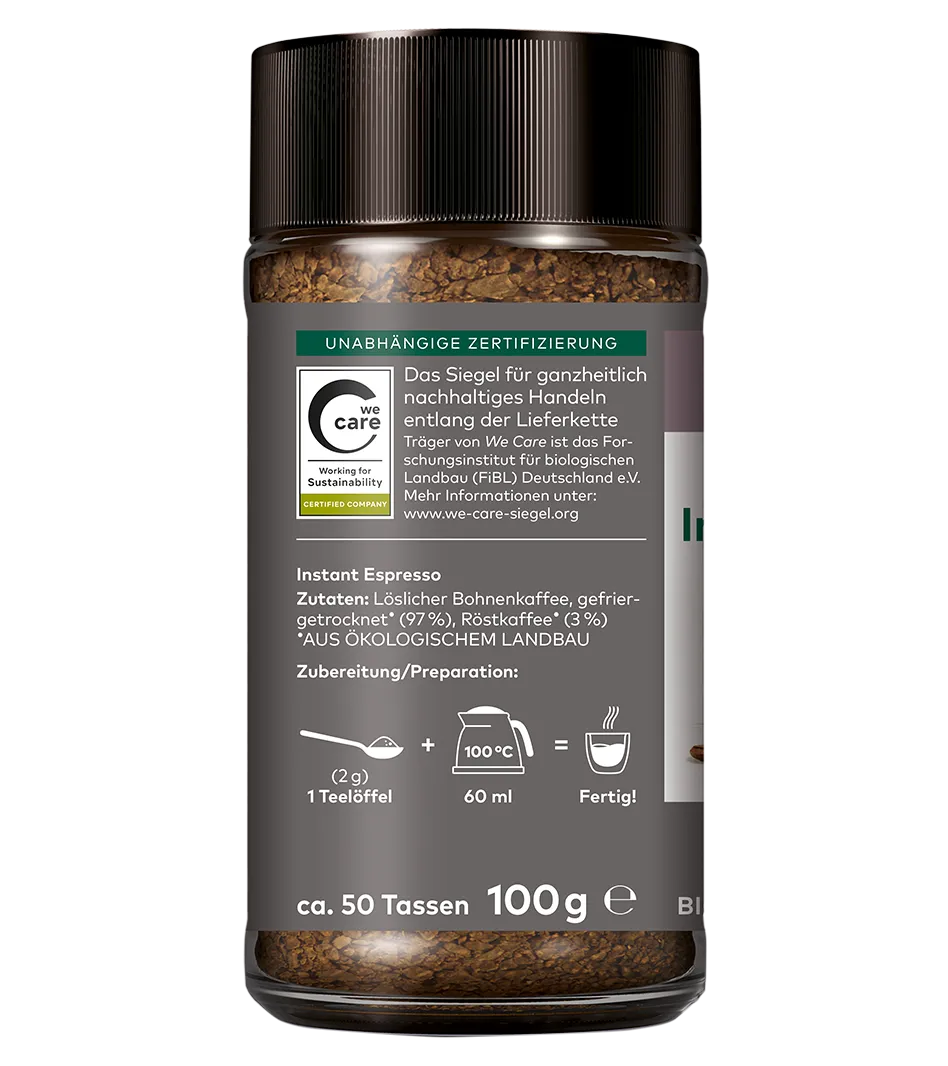 Instant Espresso 100g Glas mit löslichem Bohnenkaffee, Bio-Qualität, We Care Zertifikat, ca. 50 Tassen