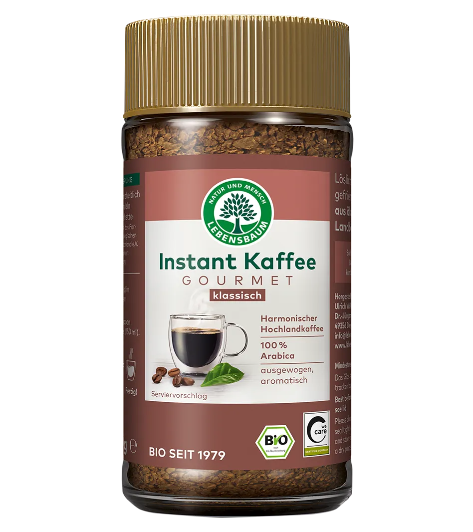 Lebensbaum Instant Kaffee Gourmet klassisch, 100% Arabica Hochlandkaffee, Bio-Glas mit goldenem Schraubverschluss