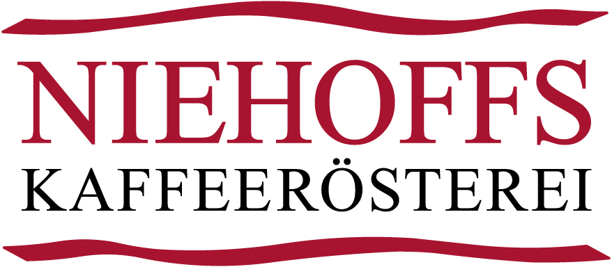 Niehoffs Kaffeerösterei Logo mit weinrotem Text und dekorativen Linien