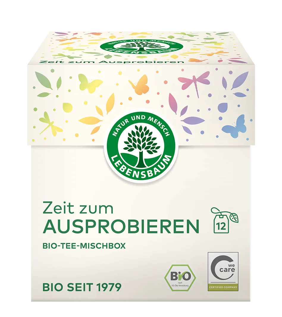 Lebensbaum Bio-Tee-Mischbox "Zeit zum Ausprobieren" mit 12 Teebeutel, cremefarbene Verpackung mit bunten Schmetterlingen und Blättern