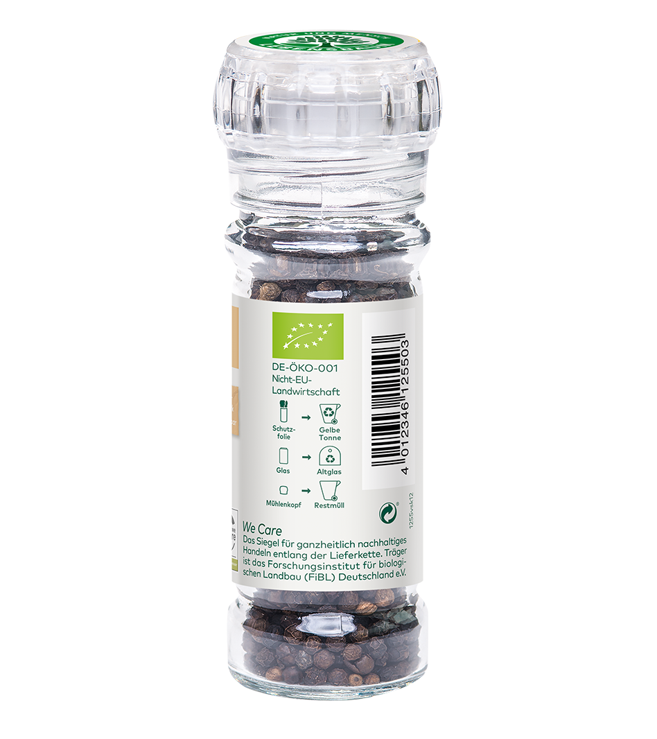 Bio-Pfeffermühle mit schwarzen Pfefferkörnern, grüner Kappe, Glaskörper und Recyclingstoff-Etikett