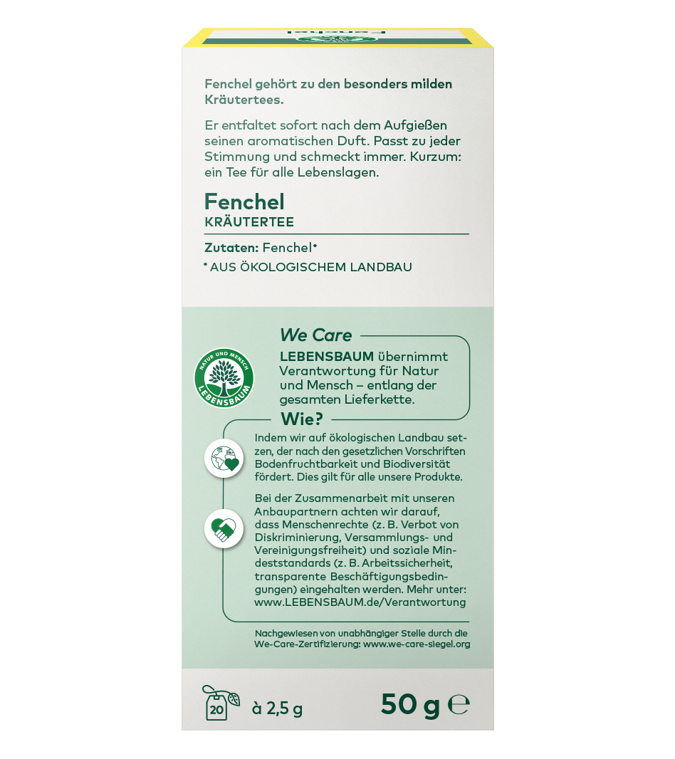 Fenchel Kräutertee 50g Packung, Bio-Qualität, mit Produktbeschreibung und Lebensbaum We-Care-Zertifikat