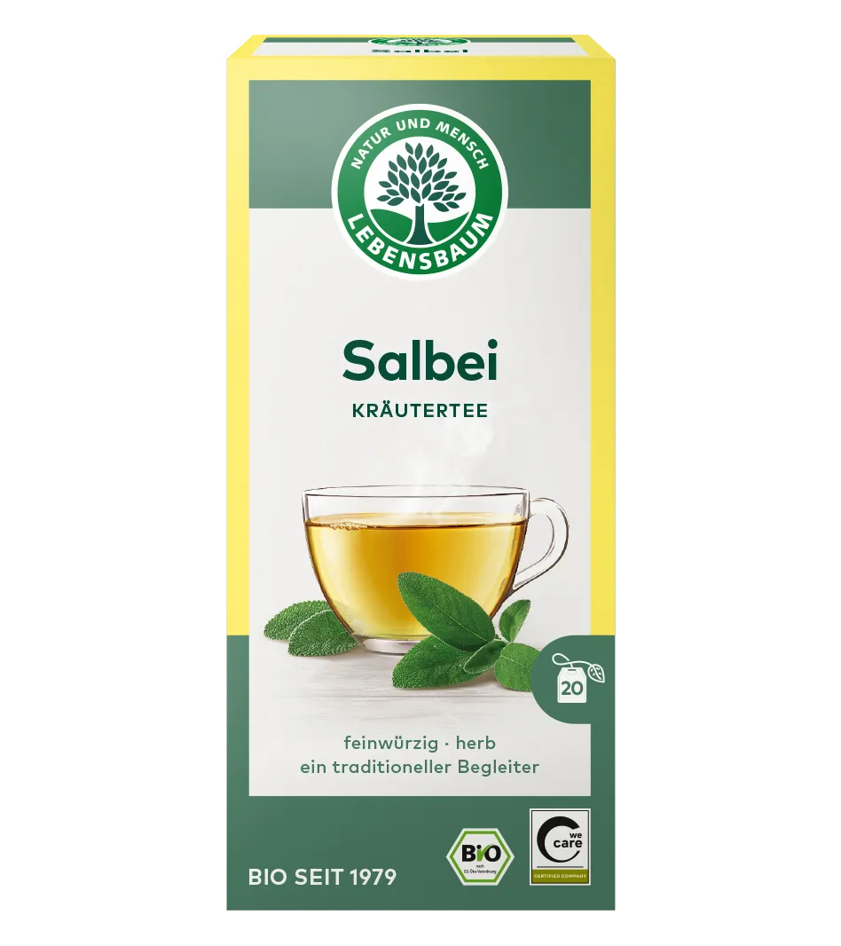 Lebensbaum Salbei Kräutertee, 20 Beutel, Bio-Qualität, gelb-grüne Verpackung mit Tasse goldgelben Tee und frischen Salbeiblättern