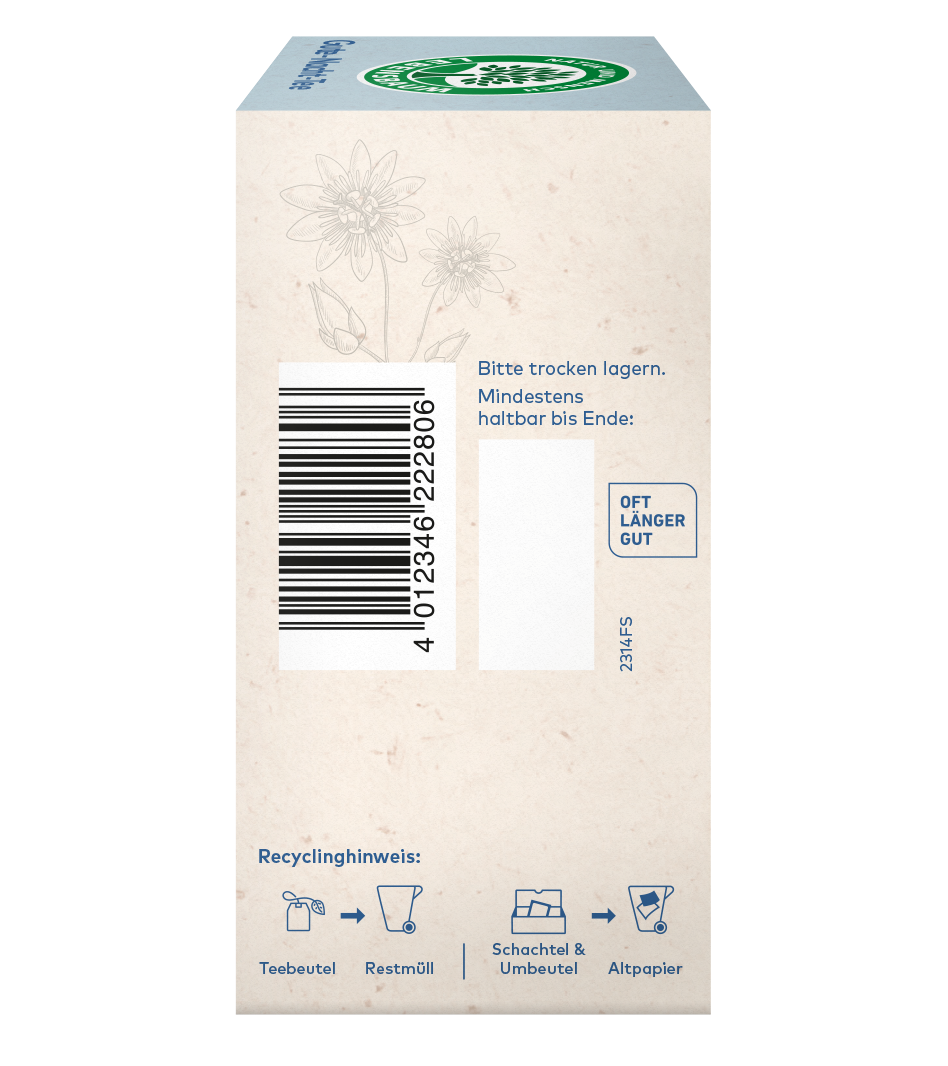Rechtseite einer Teeverpackung mit Barcode, Lagerhinweisen und Recyclinghinweisen
