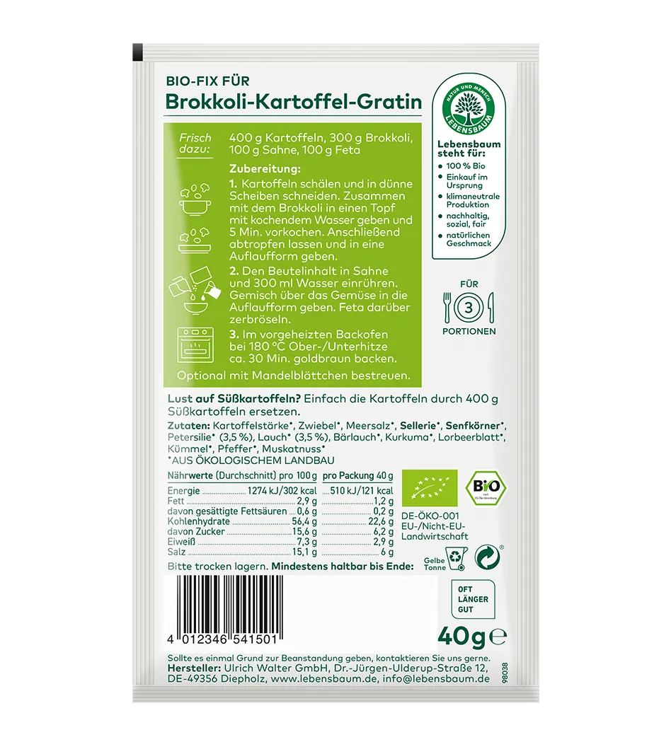 Bio-Fix Brokkoli-Kartoffel-Gratin Packung 40g, Zutaten und Zubereitung auf weißem Hintergrund mit grünem Streifen