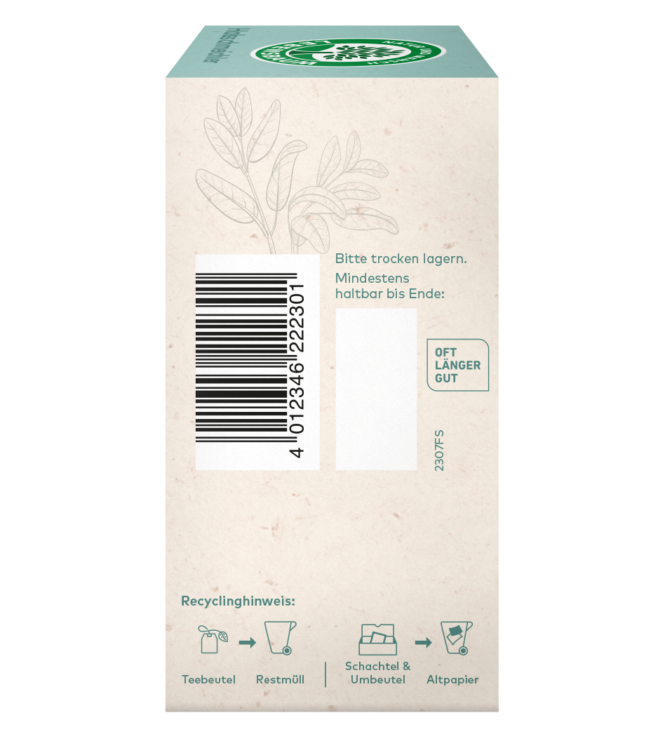 Rechtseite einer Teeverpackung mit Barcode, Lagerhinweisen und Recyclinghinweisen