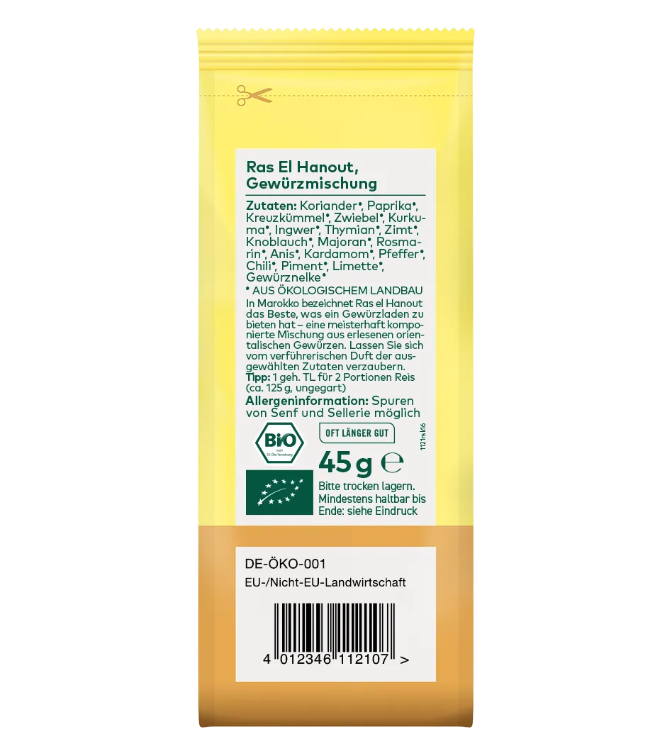 Ras El Hanout Bio-Gewürzmischung, 45g, gelbe Verpackung mit Zutaten und Öko-Zertifizierung.