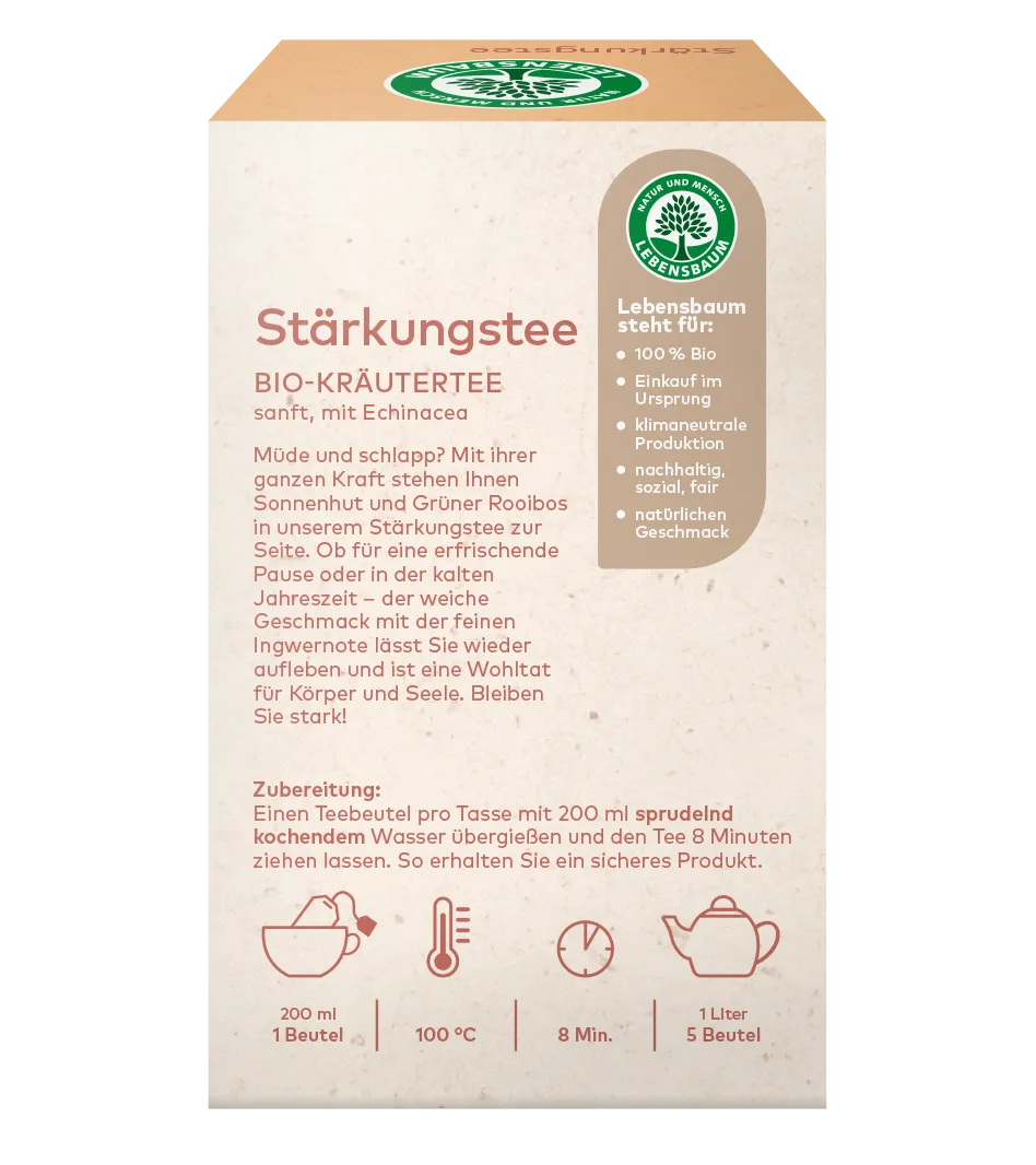 Stärkungstee Bio-Kräutertee mit Echinacea in cremefarbener Verpackung, Lebensbaum-Siegel, Zubereitungsanleitung und Zutaten sichtbar