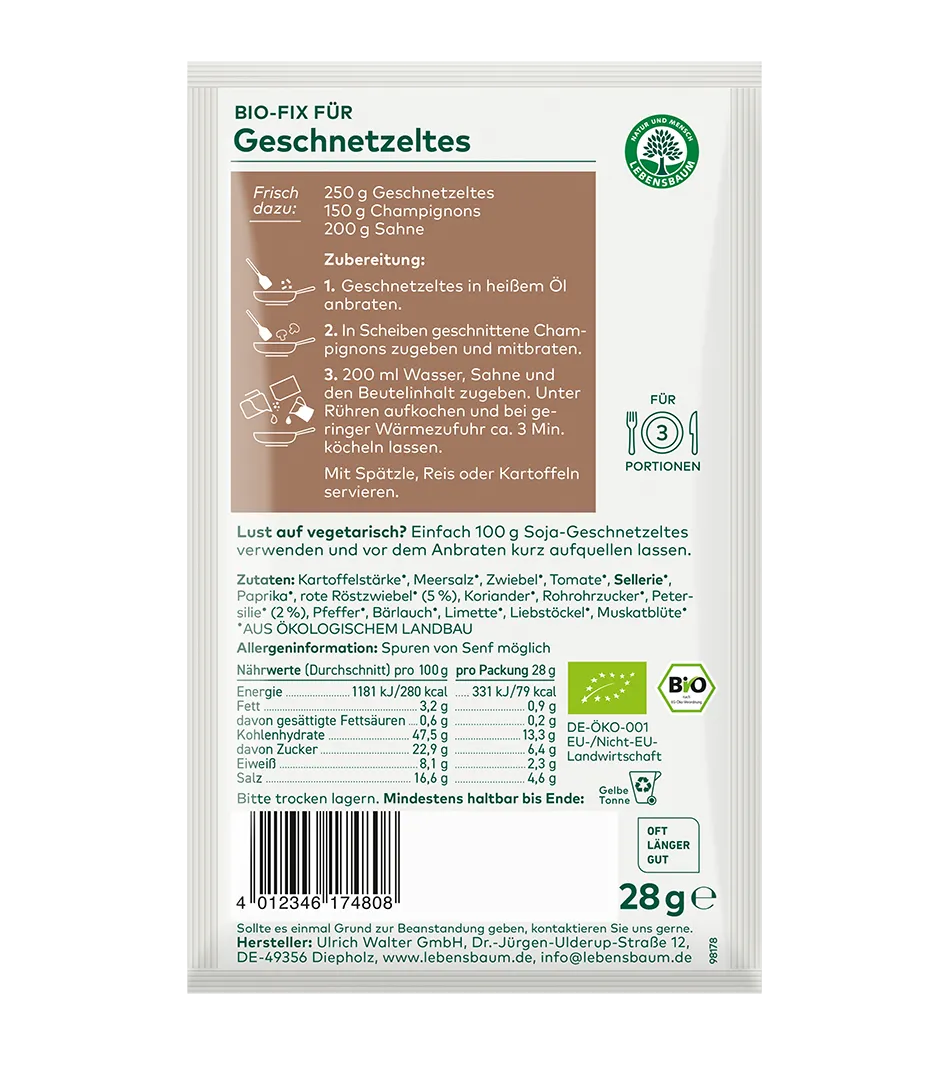 Bio-Fix für Geschnetzeltes von Lebensbaum, 28g Gewürzmischung mit Champignons und Sahne, für 3 Portionen