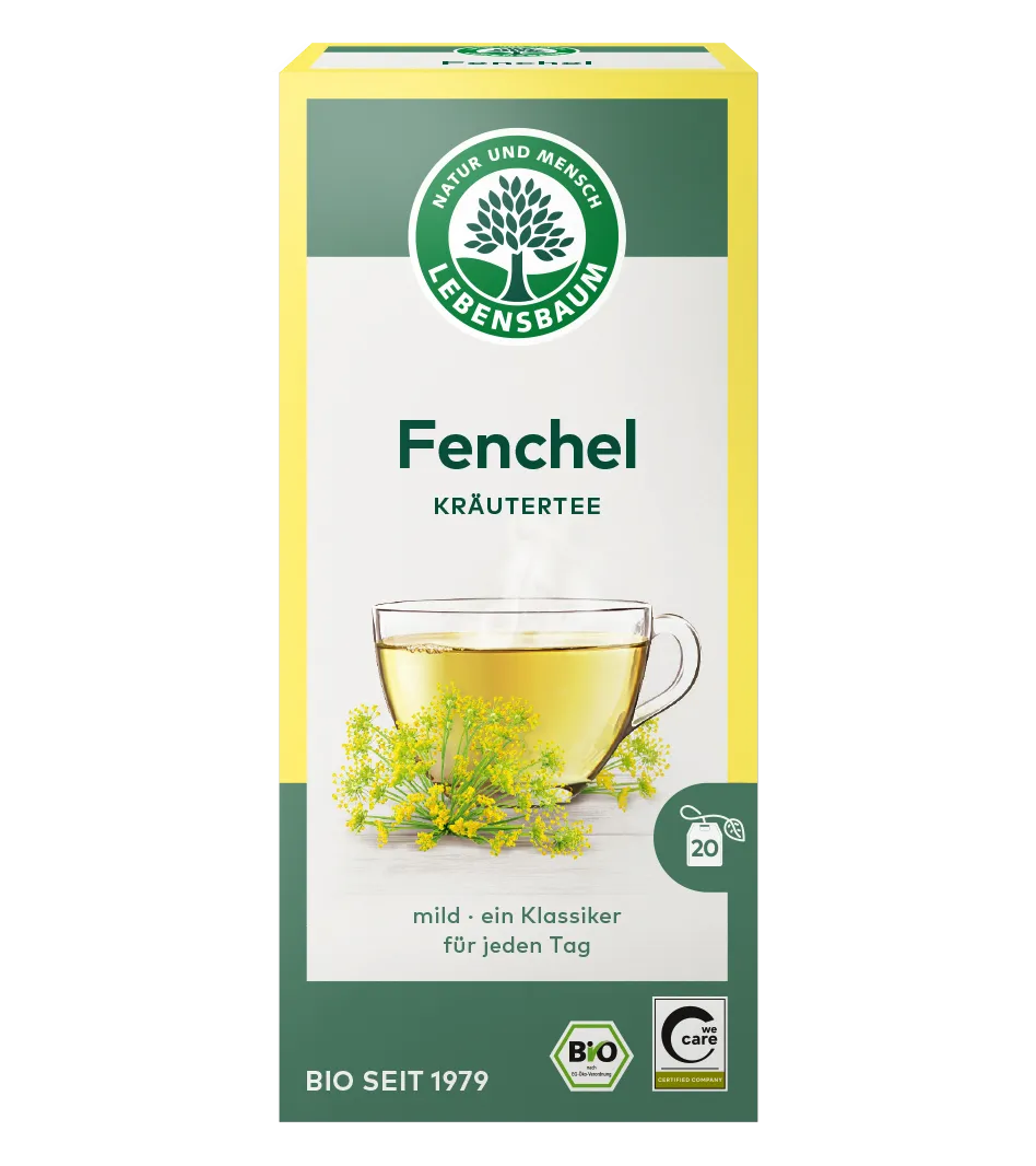 Lebensbaum Fenchel Kräutertee, Bio, 20 Beutel in gelb-grüner Verpackung mit Teetasse und Fenchelblüten
