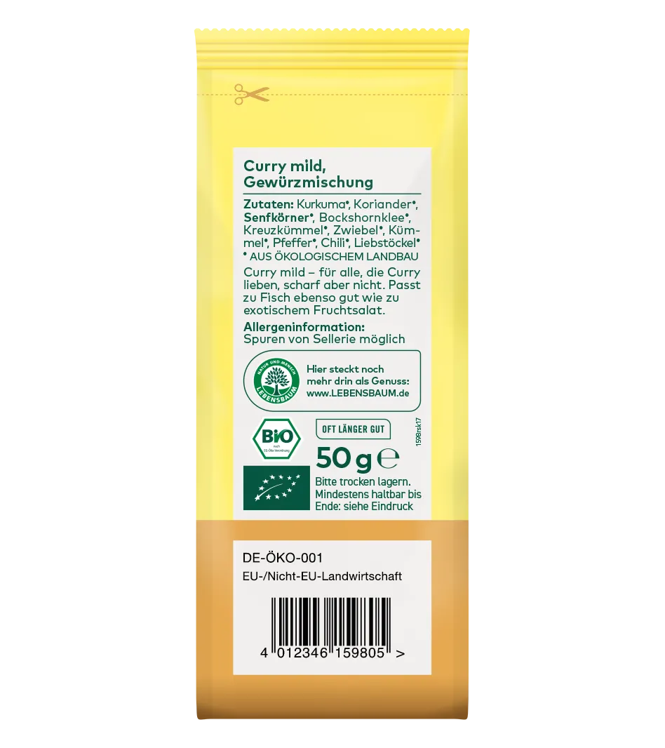 Curry mild Gewürzmischung, 50g Bio-Packung in Gelb mit braunem unteren Bereich, Zutatenliste und EU-Öko-Siegel sichtbar.