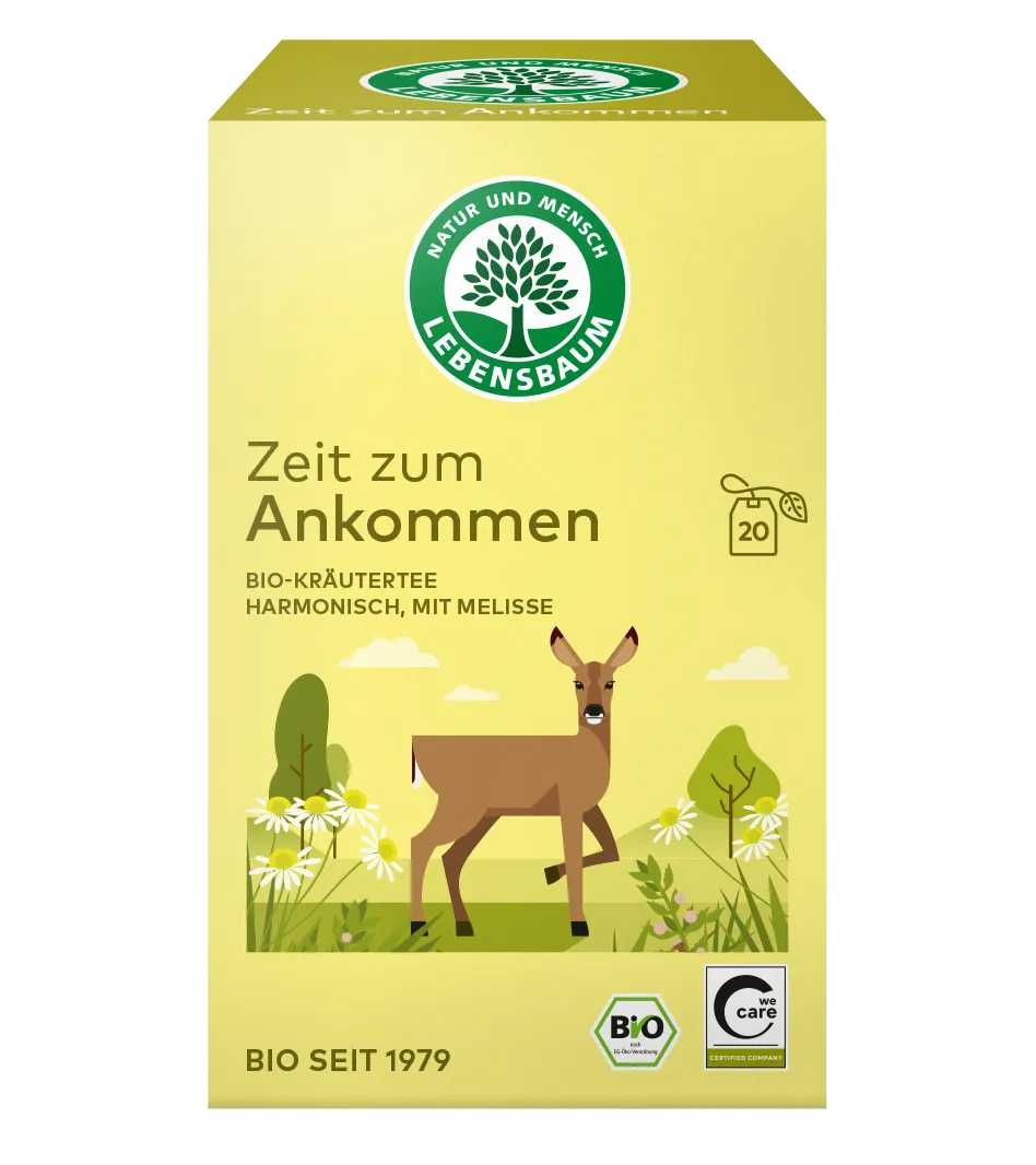 Lebensbaum "Zeit zum Ankommen" Bio-Kräutertee mit Melisse, 20 Teebeutel, gelbe Verpackung mit Reh in Naturlandschaft