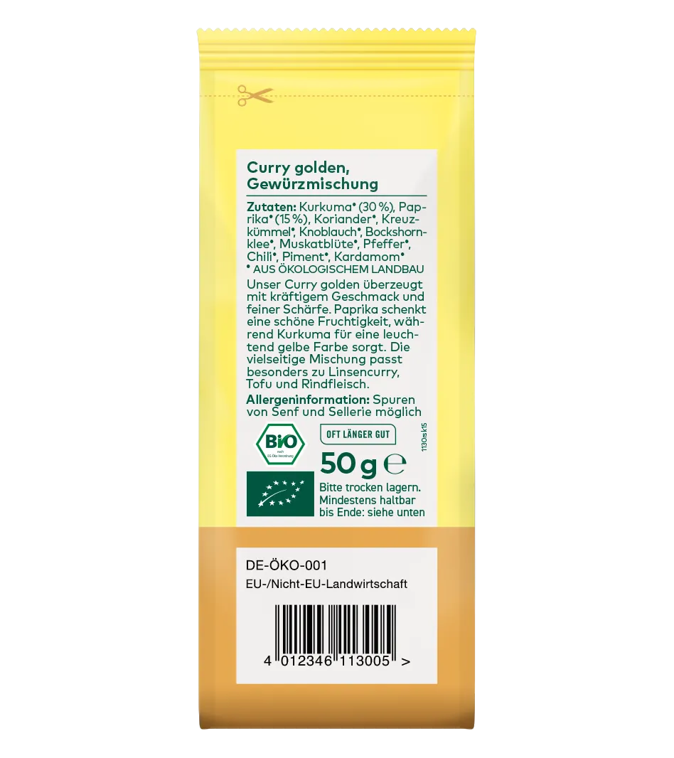Bio Curry golden Gewürzmischung, 50g, gelbe Verpackung mit weißem Etikett, Zutaten: Kurkuma, Paprika, Koriander und weitere Gewürze, DE-ÖKO-001 zertifiziert