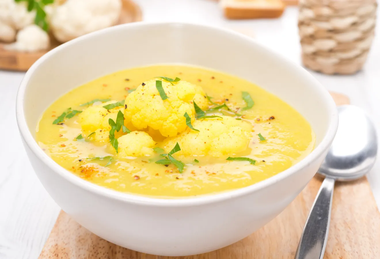 Fruchtige Blumenkohl-Curry-Suppe in einer weißen Schüssel, daneben ein Löffel