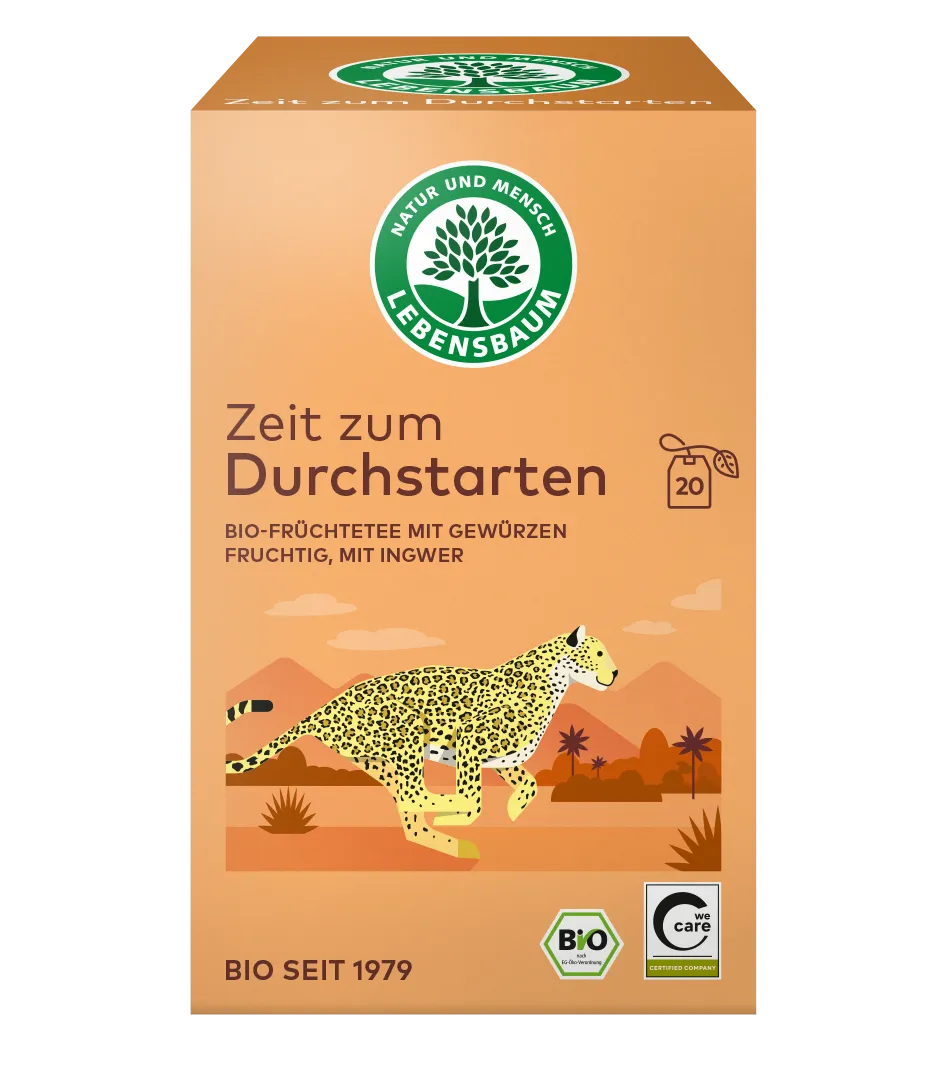 Lebensbaum Bio-Früchtetee "Zeit zum Durchstarten" mit Ingwer, 20 Teebeutel, beige Verpackung mit Leoparden-Illustration