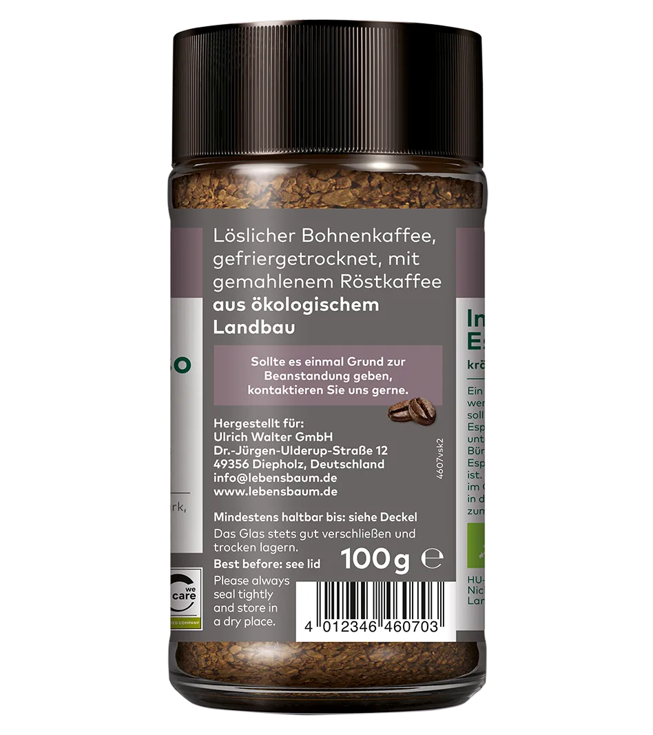 Instant Espresso 100g Glas mit gefriergetrocknetem Bio-Bohnenkaffee, braune Kaffeegranulate sichtbar, schwarzer Schraubverschluss.