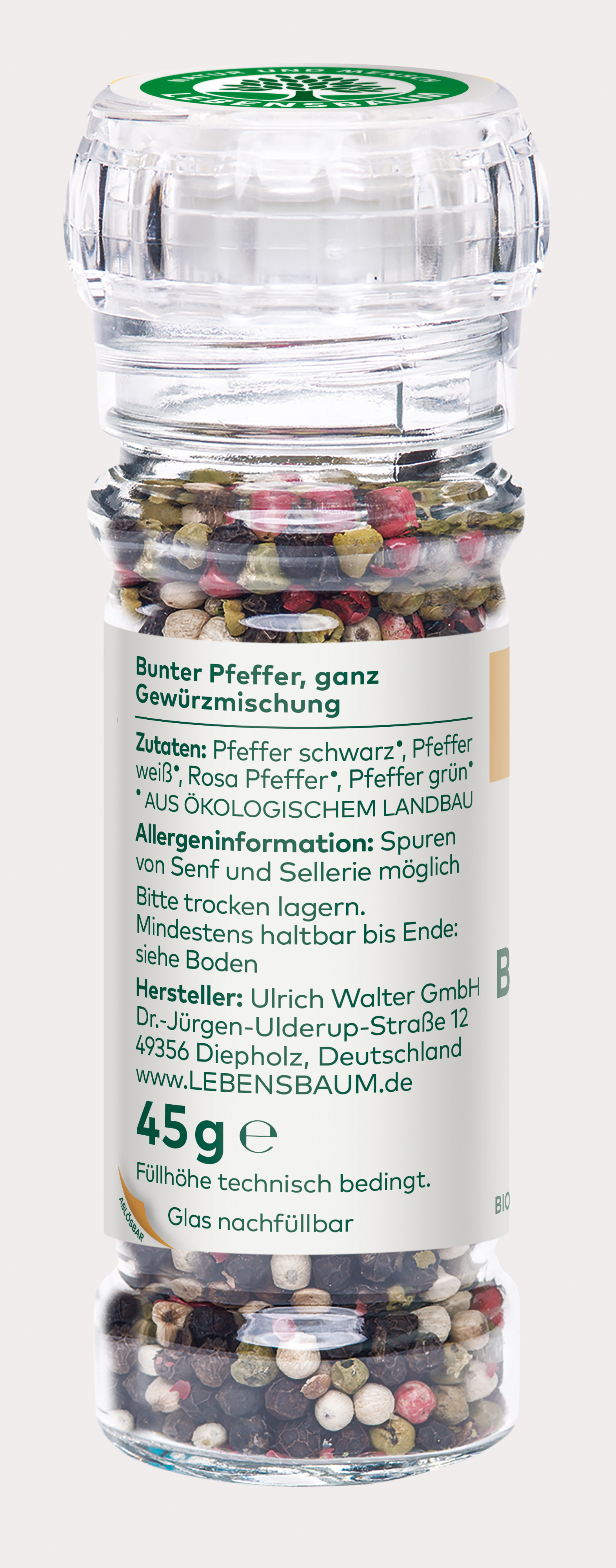 Glas mit bunter Pfeffermischung ,,Bunter Pfeffer, ganz" von Lebensbaum 45gr