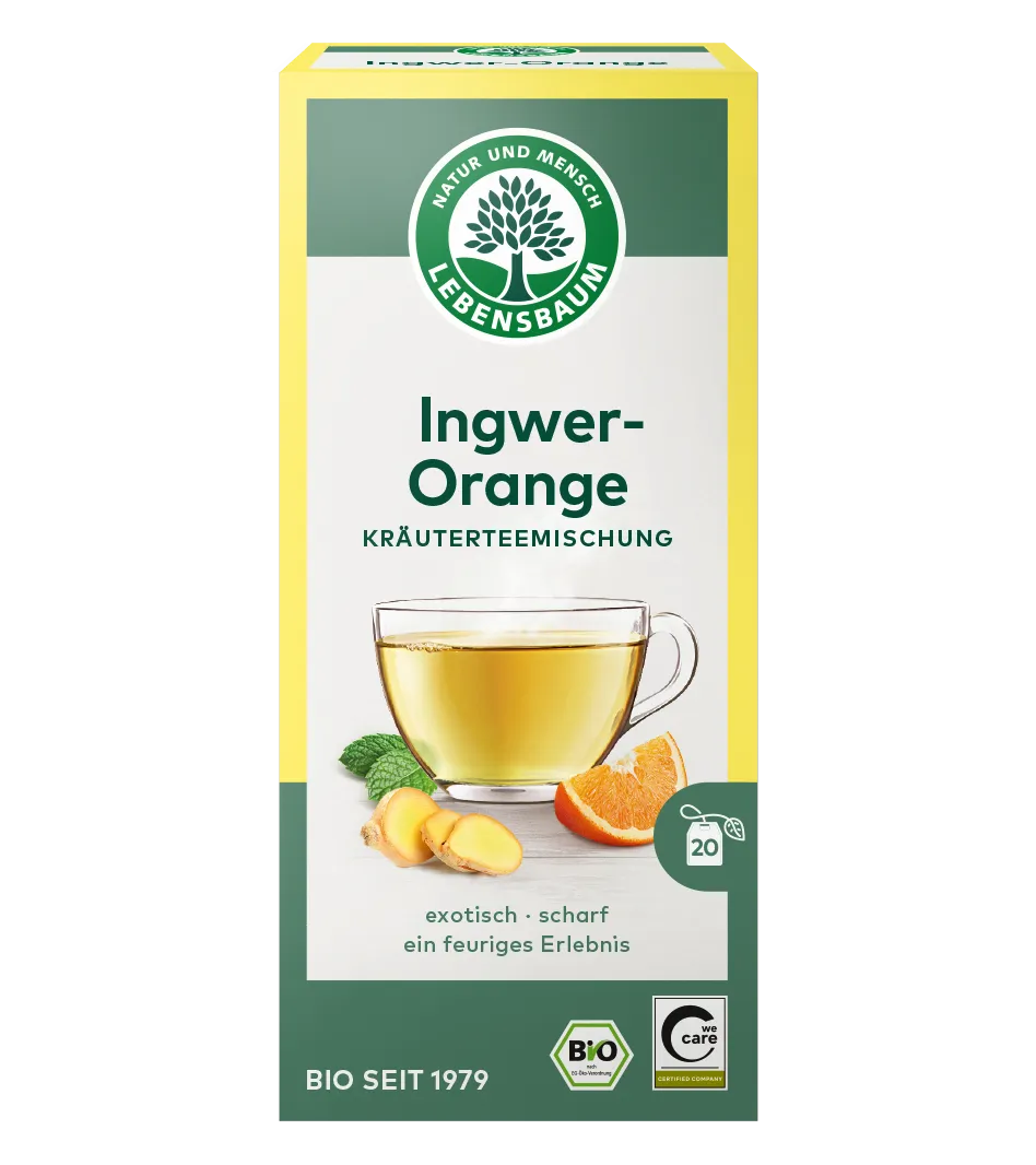 Lebensbaum Ingwer-Orange Kräuterteemischung, 20 Beutel, Bio-Qualität, gelbe Verpackung mit Tasse goldenem Tee, Ingwer und Orangenscheibe