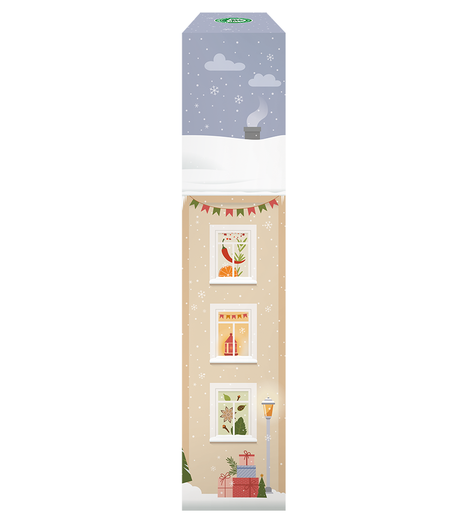 Seitliche Ansicht des Adventskalenders mit winterlicher Illustration, Gewürzmotiven und Geschenkdekoration